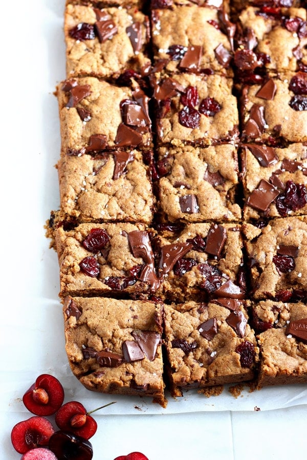 Fully baked cherry chocolate cookie bars.