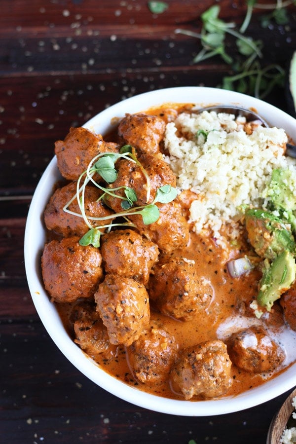 The best recipe for curried meatballs with cauliflower rice.