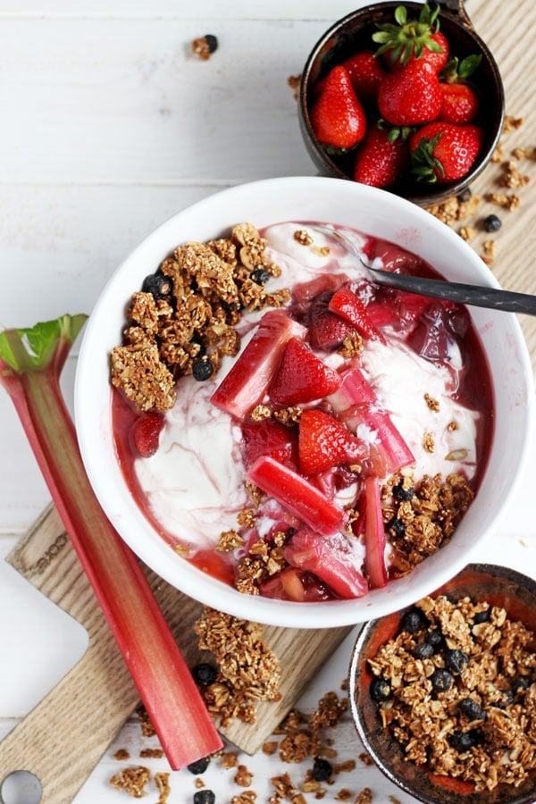 Braised Strawberry Rhubarb Compote + Yogurt and Granola