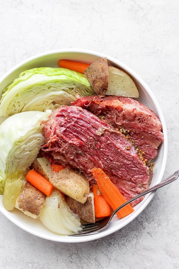 Bowl of corned beef and cabbage. 