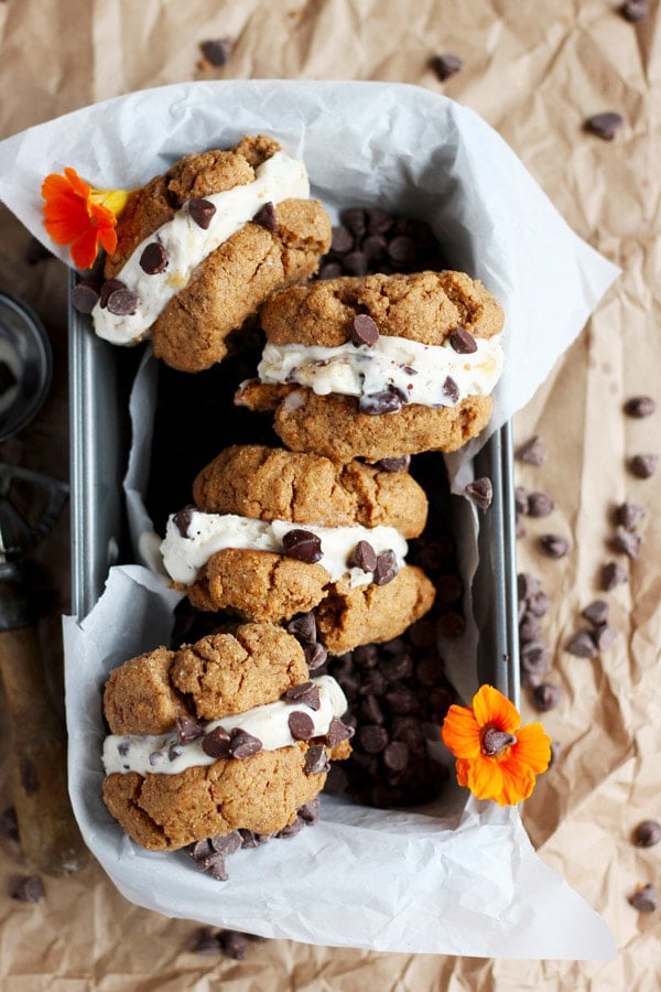 Dairy Free Almond Butter Cookie Ice Cream Sandwiches - the perfect summer treat! - thewoodenskillet.com #dairyfree #almondbutter #icecreamsandwich Recipe for dairy-free ice cream cookie sandwiches.
