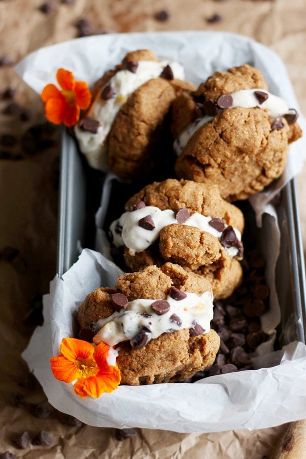 Dairy Free Almond Butter Cookie Ice Cream Sandwiches - the perfect summer treat! - thewoodenskillet.com #dairyfree #almondbutter #icecreamsandwich Dairy free almond butter cookie ice cream sandwiches.