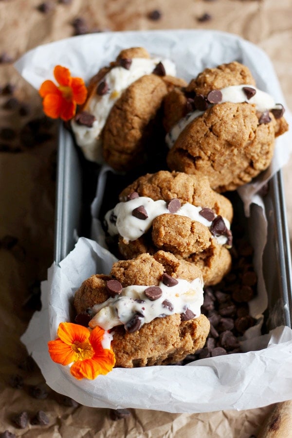 Dairy free almond butter cookie ice cream sandwiches.