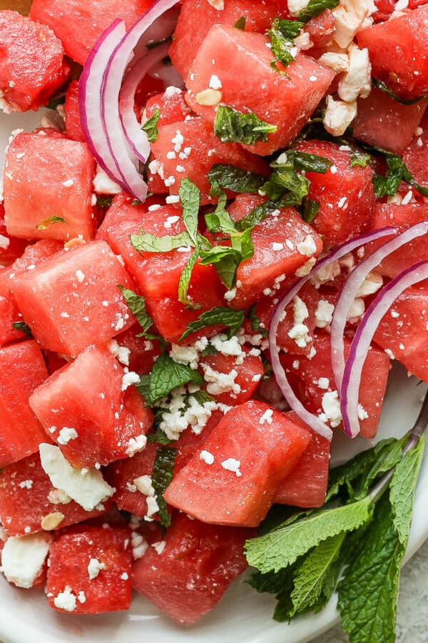 A platter of watermelon feta salad with mint.