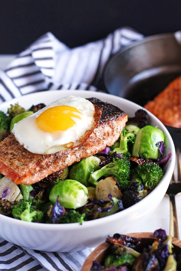 Crispy Pan-Seared Salmon + Charred Broccoli and Brussel Sprouts 