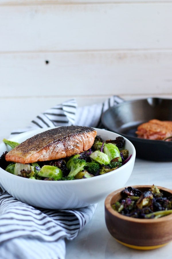 Crispy Pan-Seared Salmon + Charred Broccoli and Brussel Sprouts