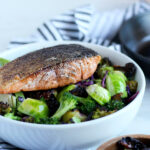 Crispy Pan-Seared Salmon + Charred Broccoli and Brussel Sprouts - thewoodenskillet.com