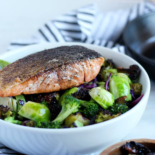 Crispy Pan-Seared Salmon + Charred Broccoli and Brussel Sprouts - thewoodenskillet.com