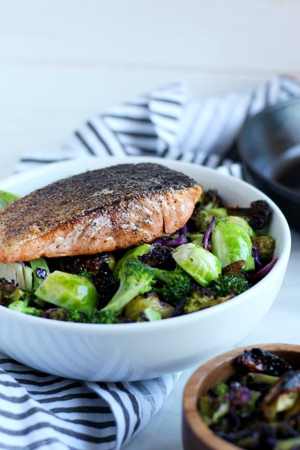 Crispy Pan-Seared Salmon + Charred Broccoli and Brussel Sprouts 
