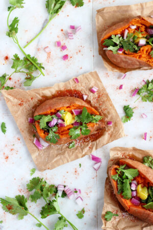 Ghee and Cilantro Stuffed Sweet Potato - a quick and healthy snack or side dish - whole30 compliant! thewoodenskillet..com