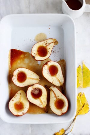 Baked Maple Cardamom Pears - a vegan and paleo friendly dessert for the holidays that has only 3 ingredients!