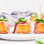 Prosciutto-Wrapped Melon with Basil - an easy and healthy holiday appetizer! #whole30 #whole30appetizer