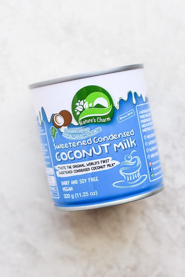 Can of dairy-free sweetened condensed coconut milk. 