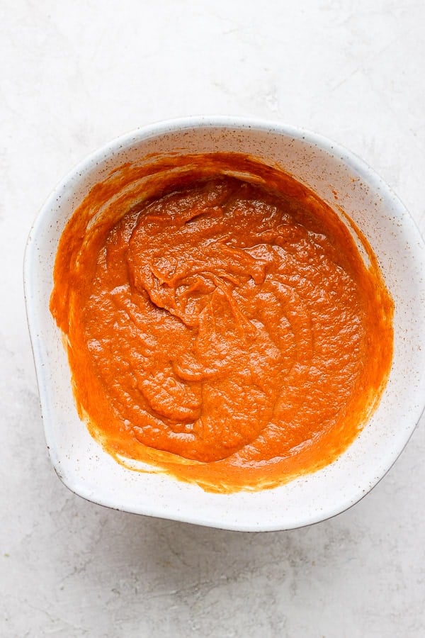 Pumpkin pie filling mixed up in a bowl. 