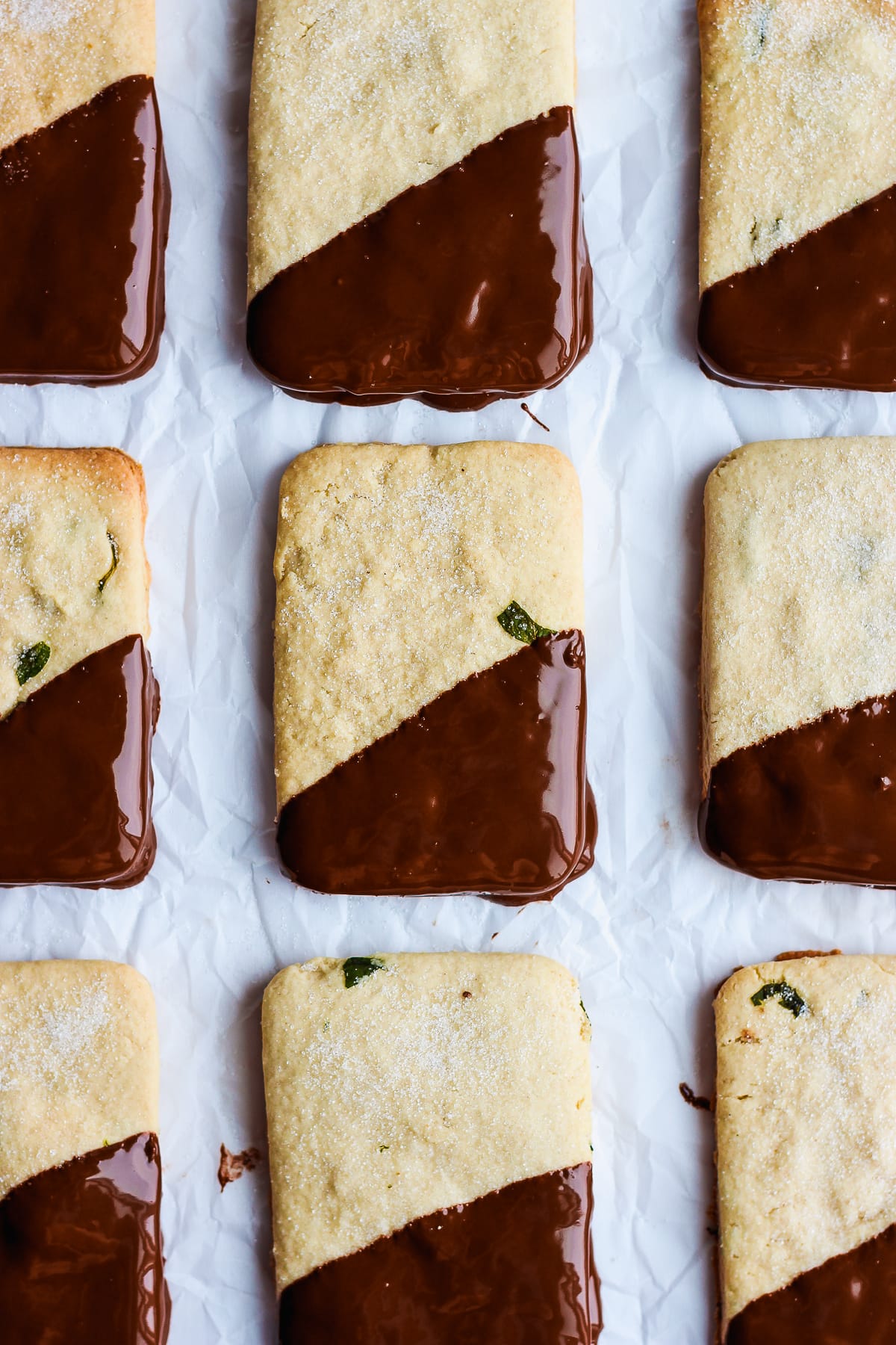 A close-up shot of chocolate dipped shortbread cookies drying on parchment paper.