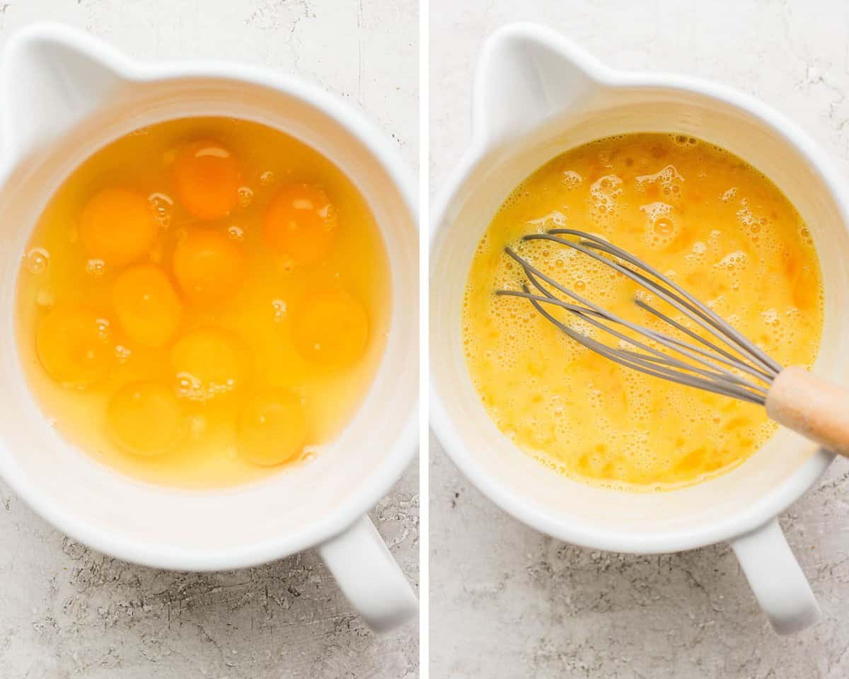 Two photos: one of a bowl of eggs and other in the same bowl but eggs whisked.