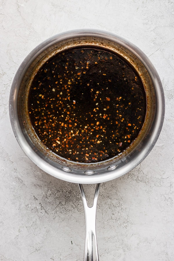 Ginger sesame sauce in a small sauce pan. 