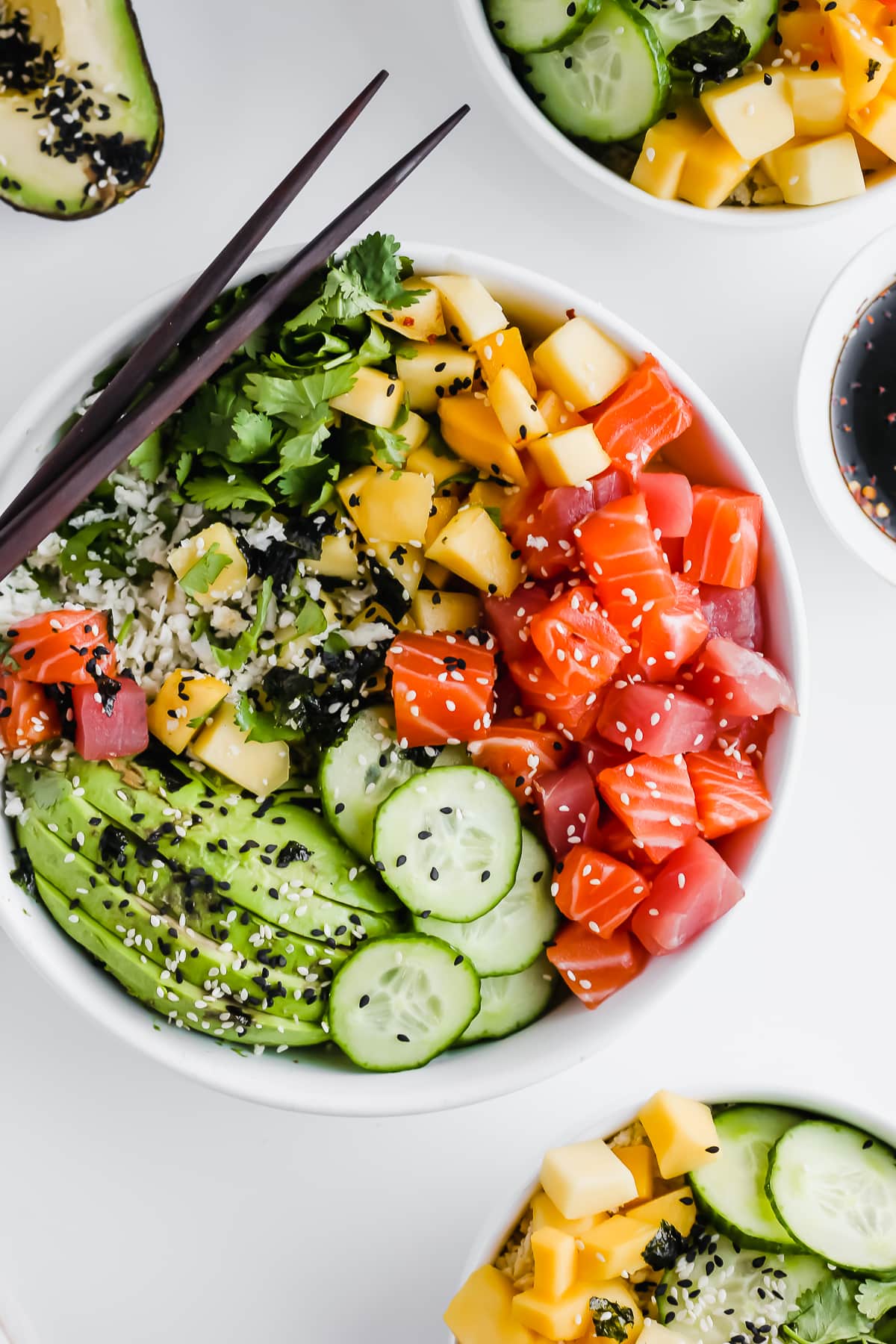 A close-up top shot of a Whole30 Poke Bowl.