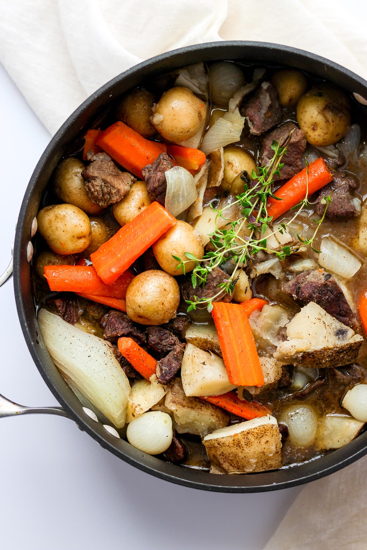 A dutch oven with irish beef stew.