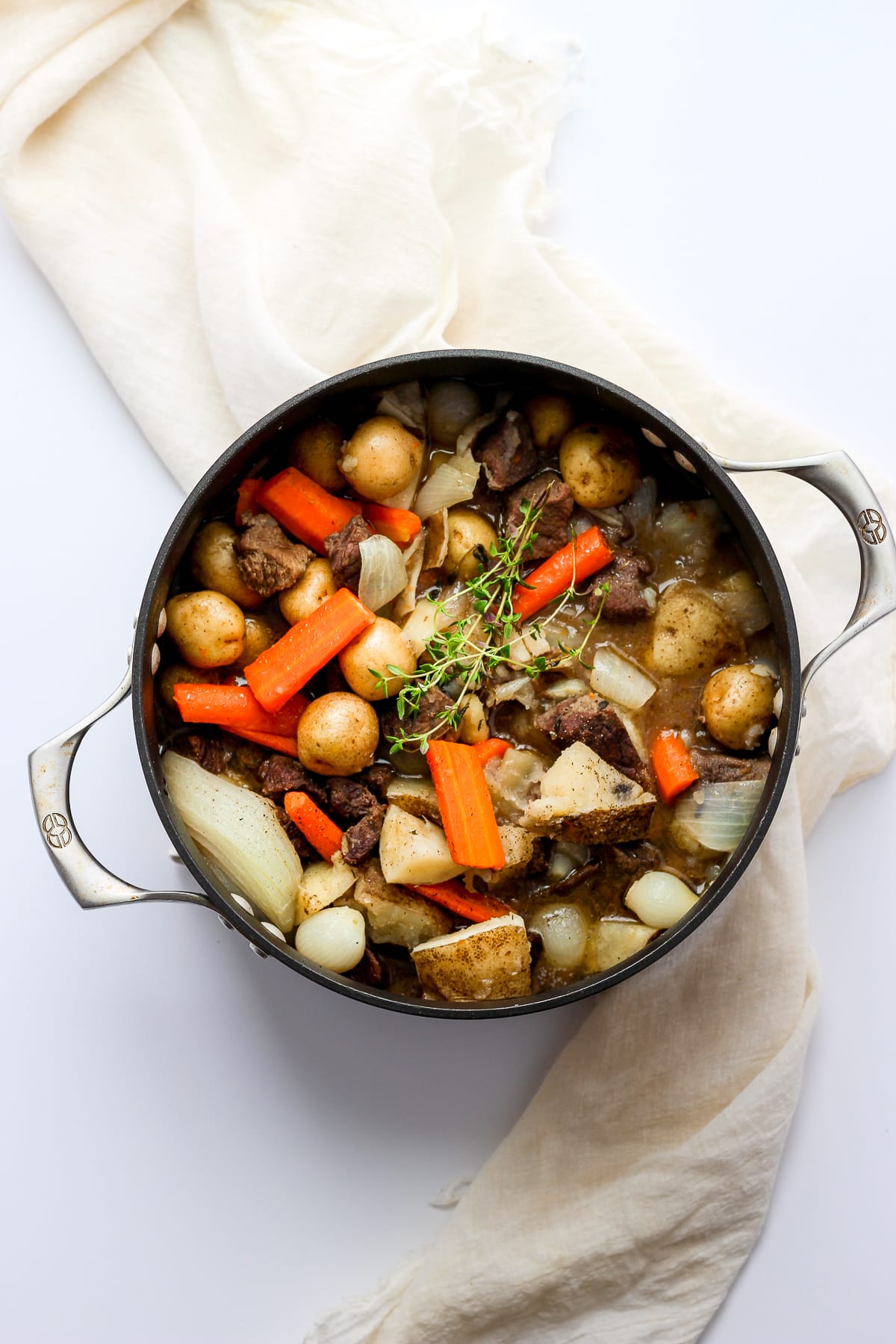 Irish beef stew in a large pot.