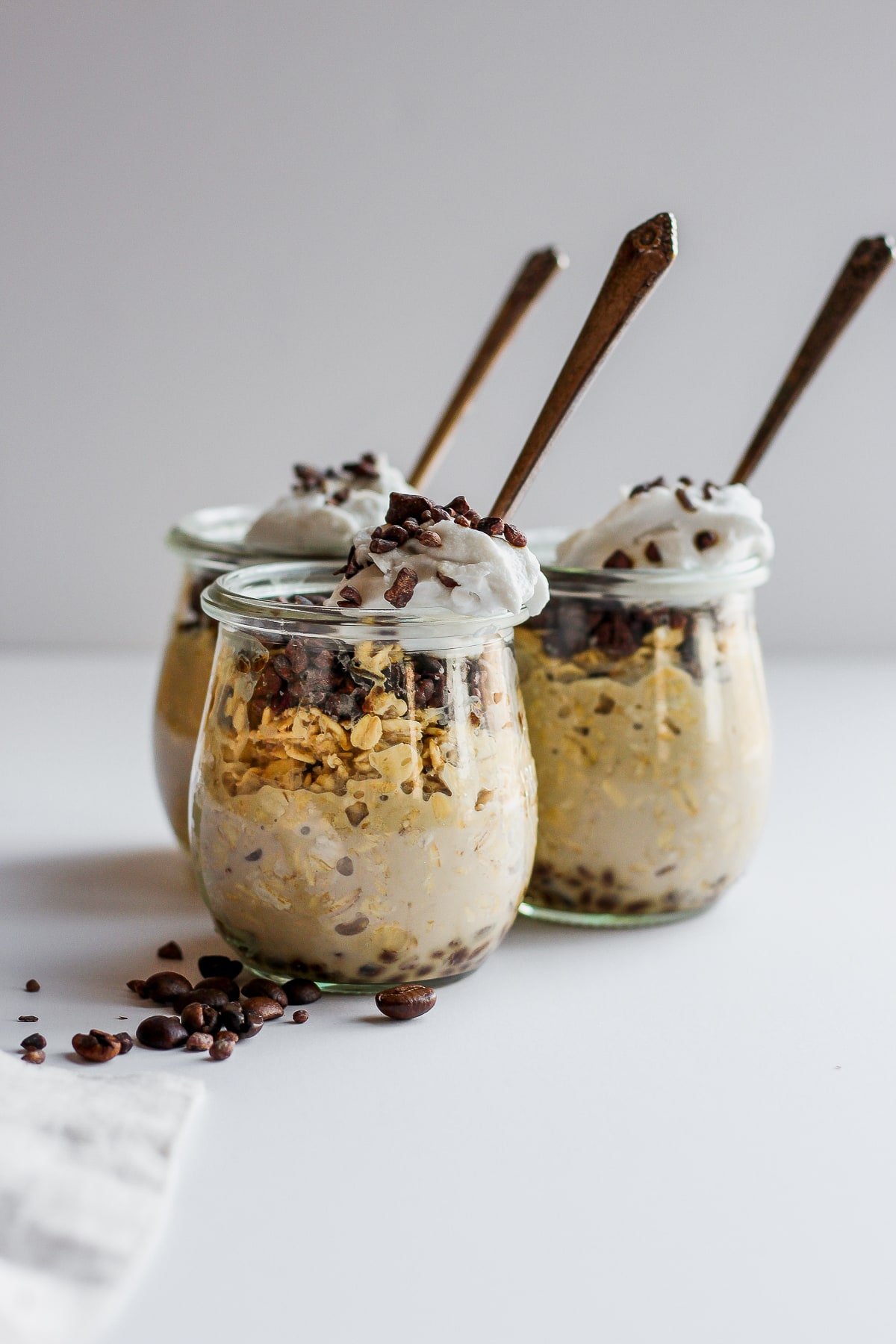 Jars of cold brew coffee overnight oats.
