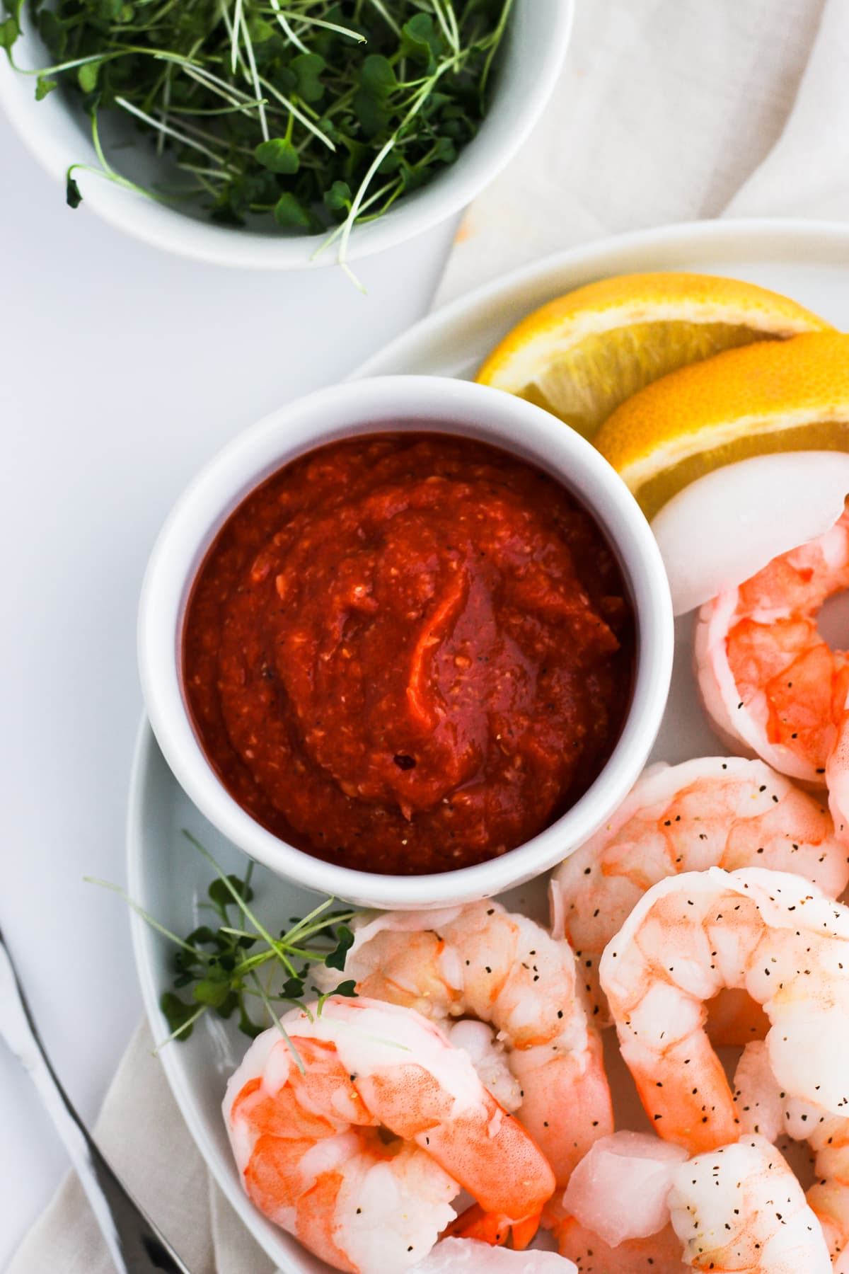 Close up shot of a little bowl of whole30 cocktail sauce.