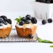 Two paleo yogurt parfait cups on a wire rack with fresh blackberries in the background.