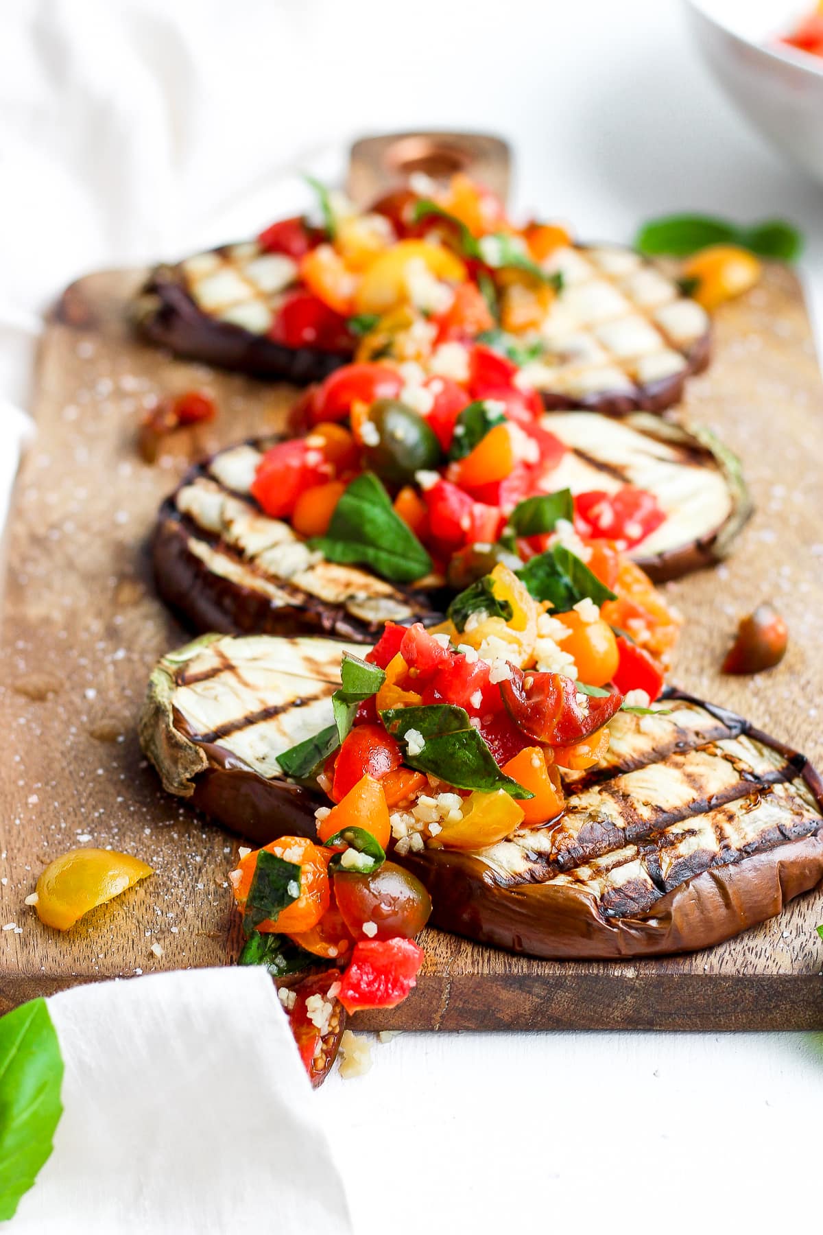 Eggplant Bruschetta on a wooden board. 