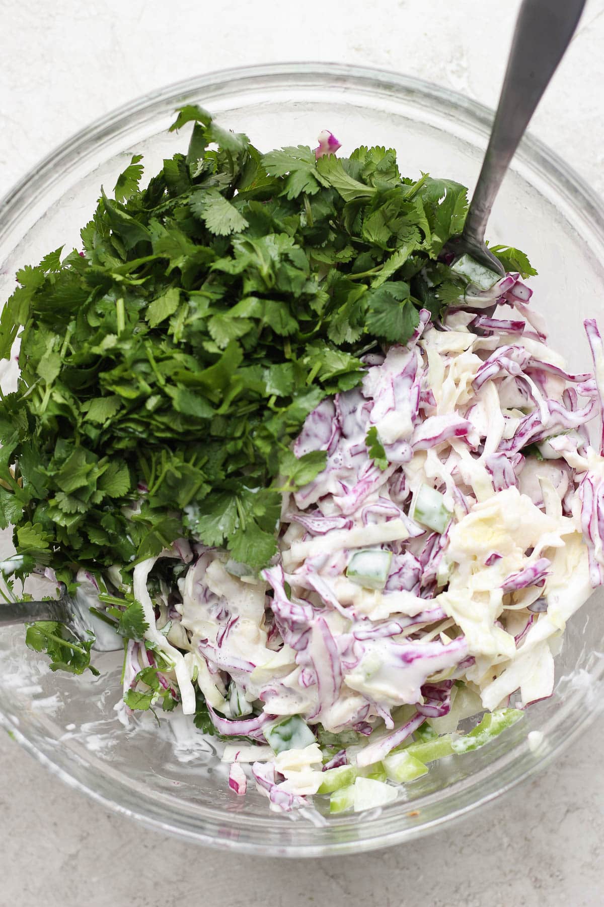 Bowl of spicy purple cabbage coleslaw with cilantro separated.