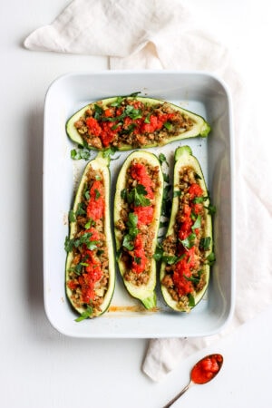 Healthy Italian Sausage Stuffed Zucchini - the perfect way to use your summer zucchini! #whole30 #dairyfree