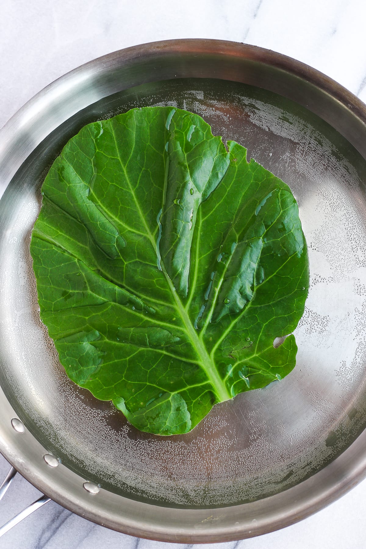 A collard green leaf in a saucepan with hot water.