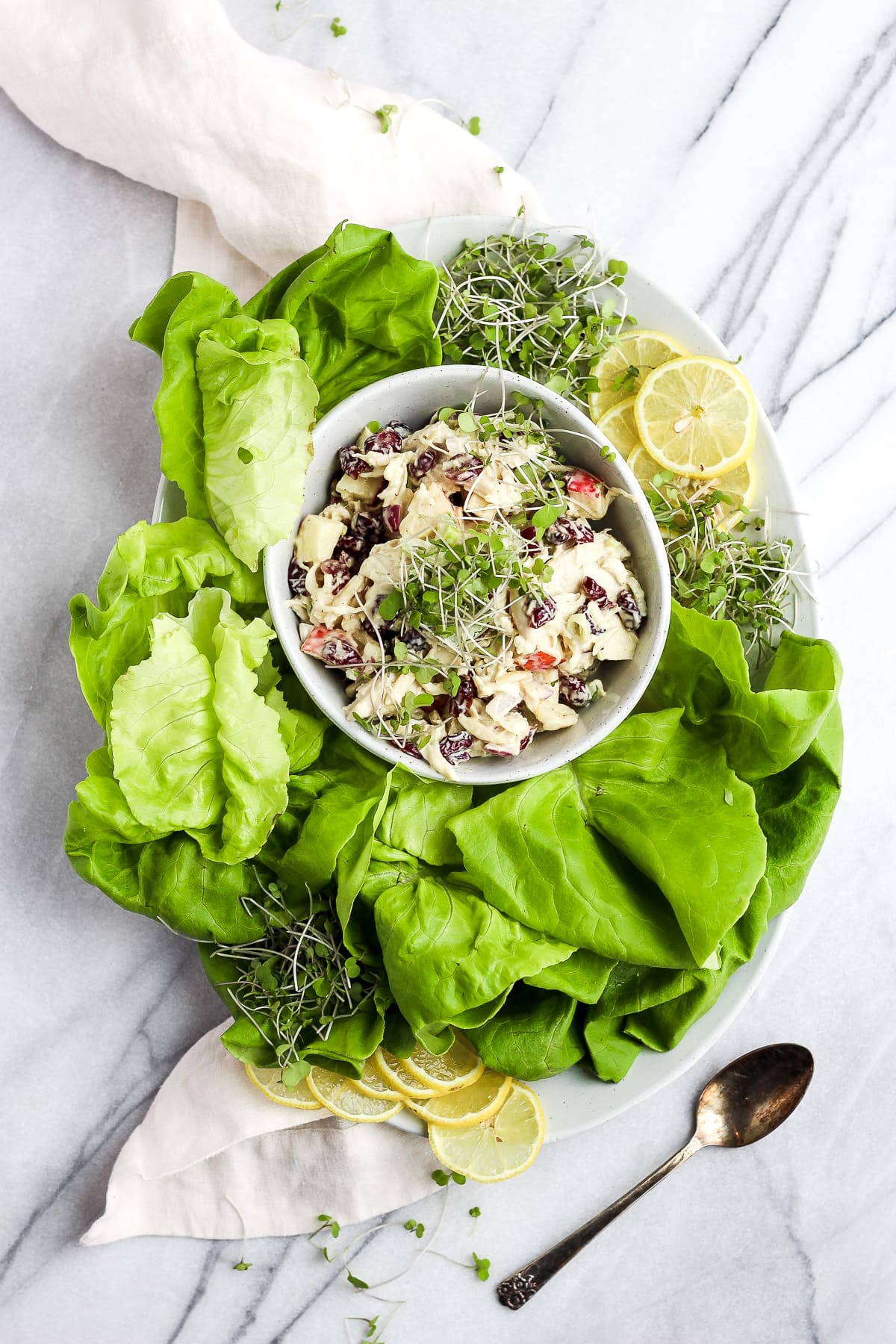 Healthy chicken salad mixed in a small bowl.