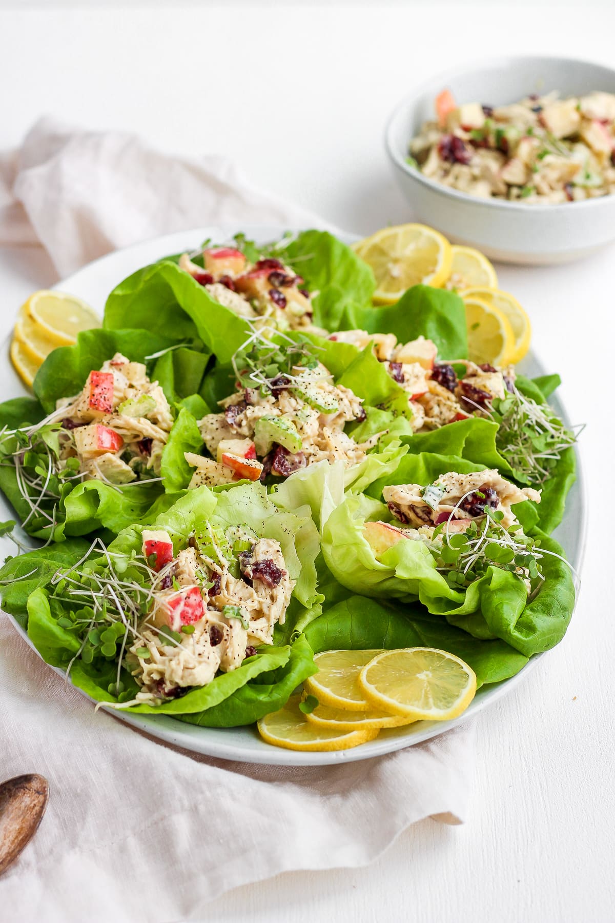 Chicken salad on a bed of butter lettuce.