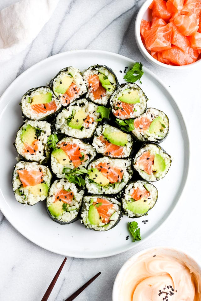 Spicy Salmon and Avocado Cauliflower Rice Sushi Roll.