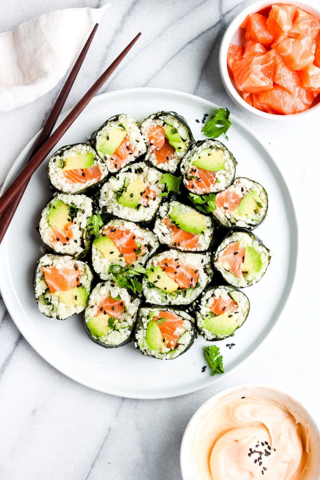 Spicy Salmon Cauliflower Rice Sushi Roll (Whole30) - The Wooden Skillet