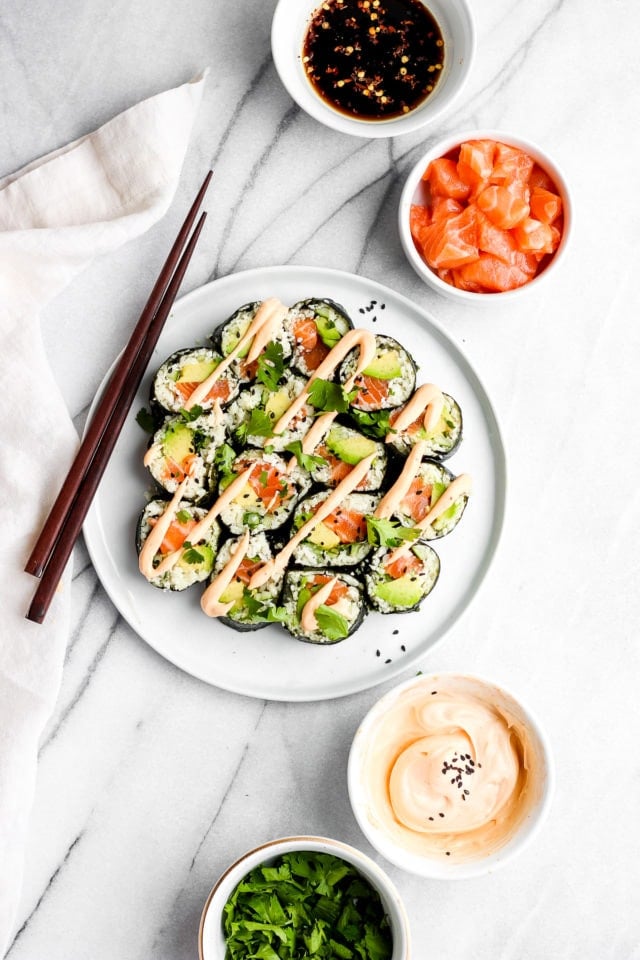 Spicy Salmon and Avocado Cauliflower Rice Sushi Roll