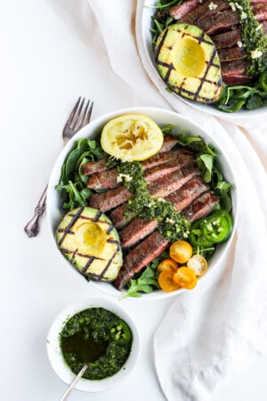 Grilled Flank Steak Salad + Jalapeño Chimichurri and Avocado - a light and delicious summer salad that is full of flavor! #whole30recipes #paleo #salad