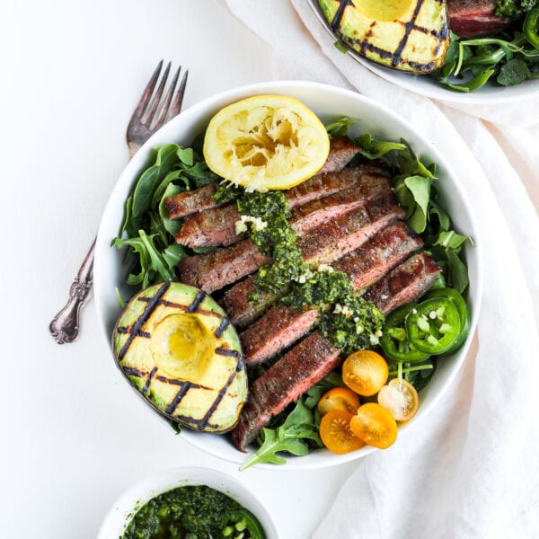 Grilled Flank Steak Salad + Jalapeño Chimichurri and Avocado - a light and delicious summer salad that is full of flavor! #whole30recipes #paleo #salad