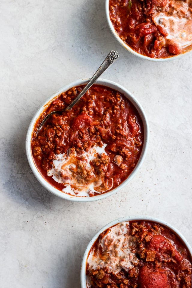 Two bowls of paleo chili.