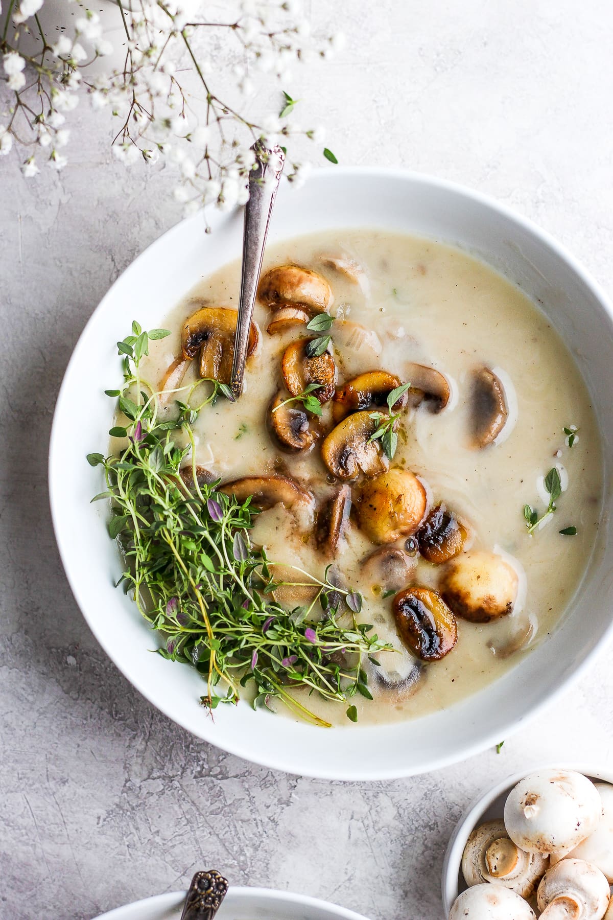 Cream of mushroom soup in a bowl.