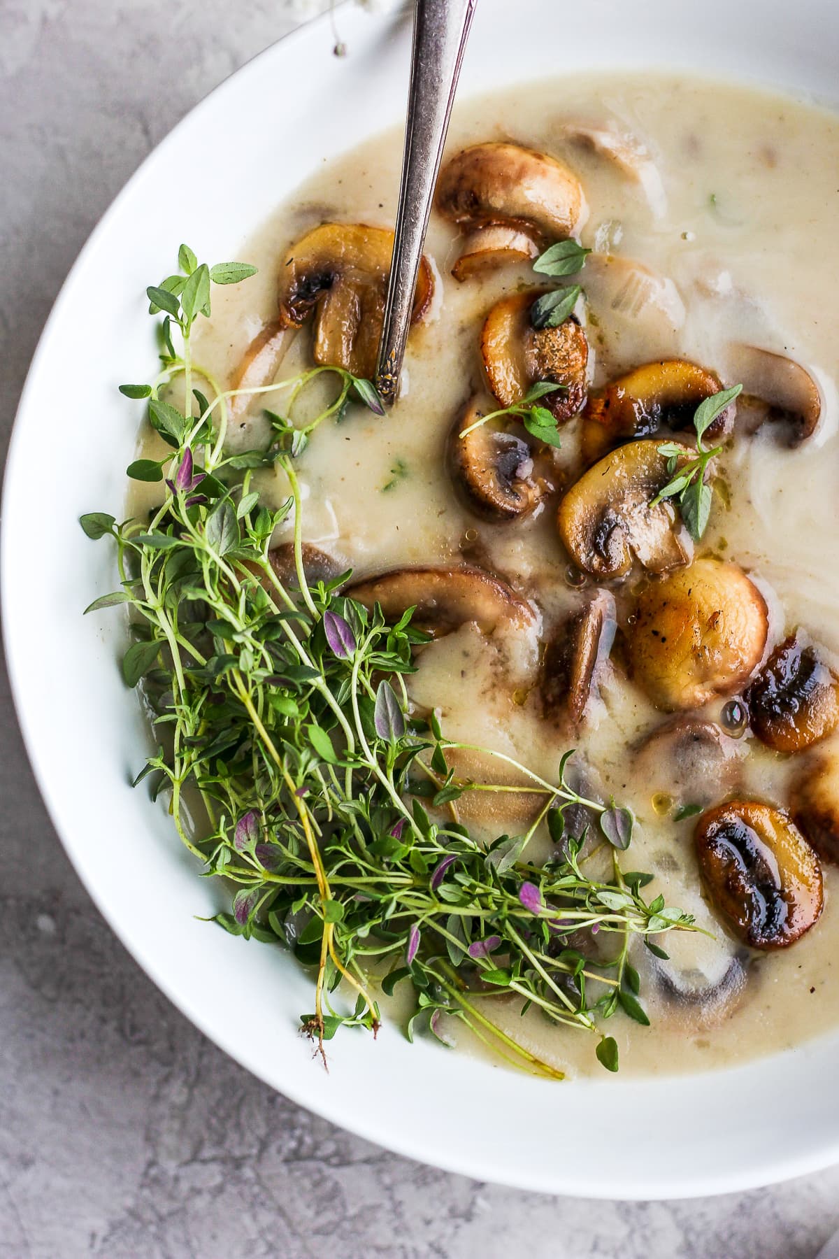 Dairy Free Cream of Mushroom Soup in a white bowl with a spoon. 