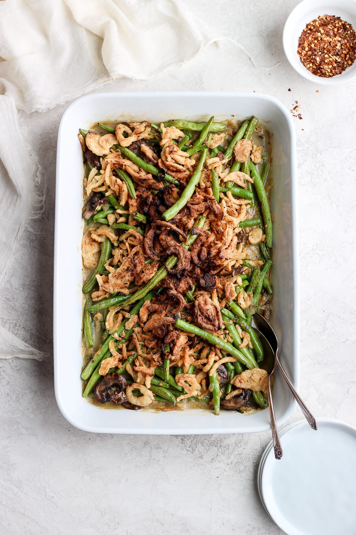 A casserole pan filled with dairy-free green bean casserole.