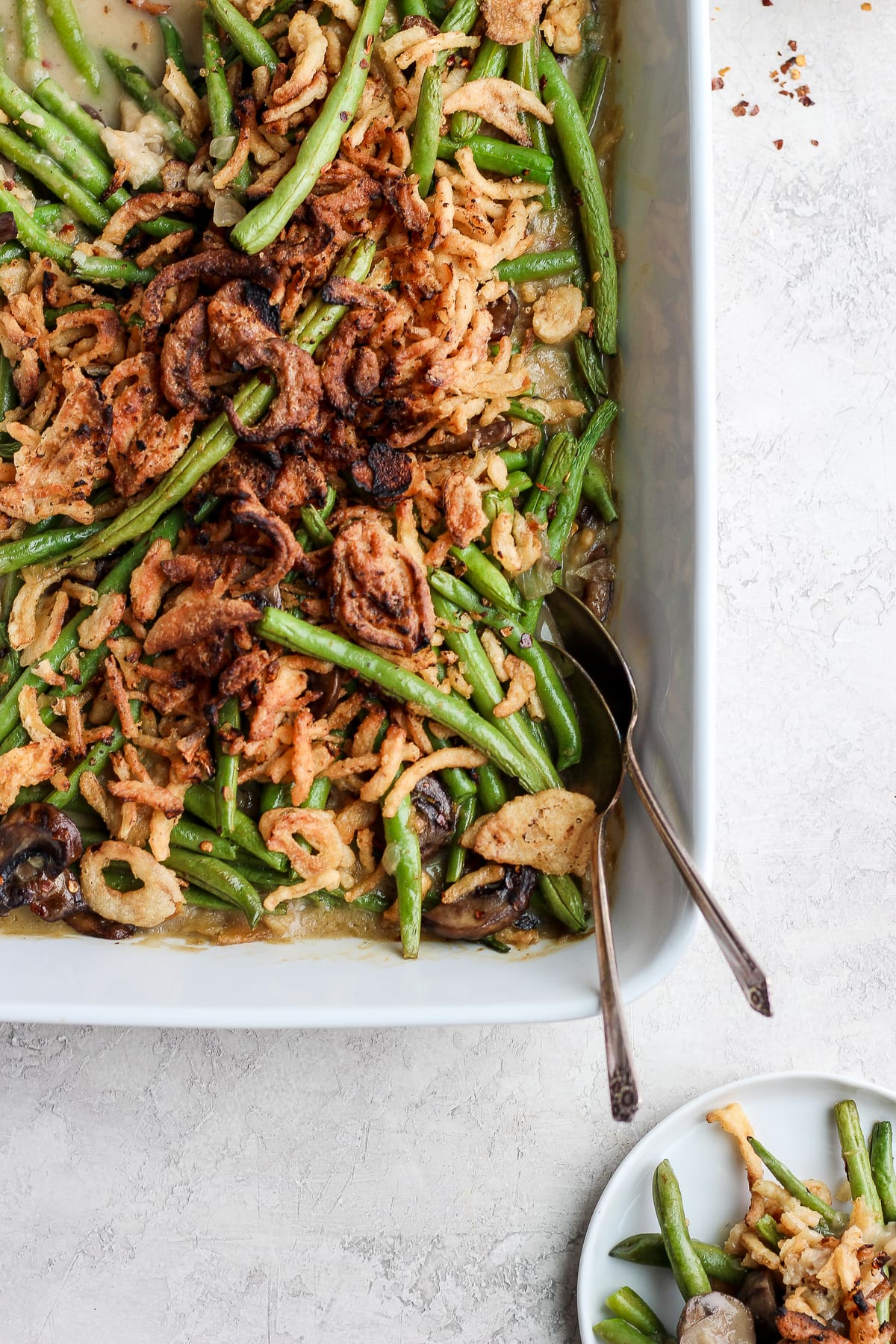 A close up of a cooked dairy free green bean casserole.
