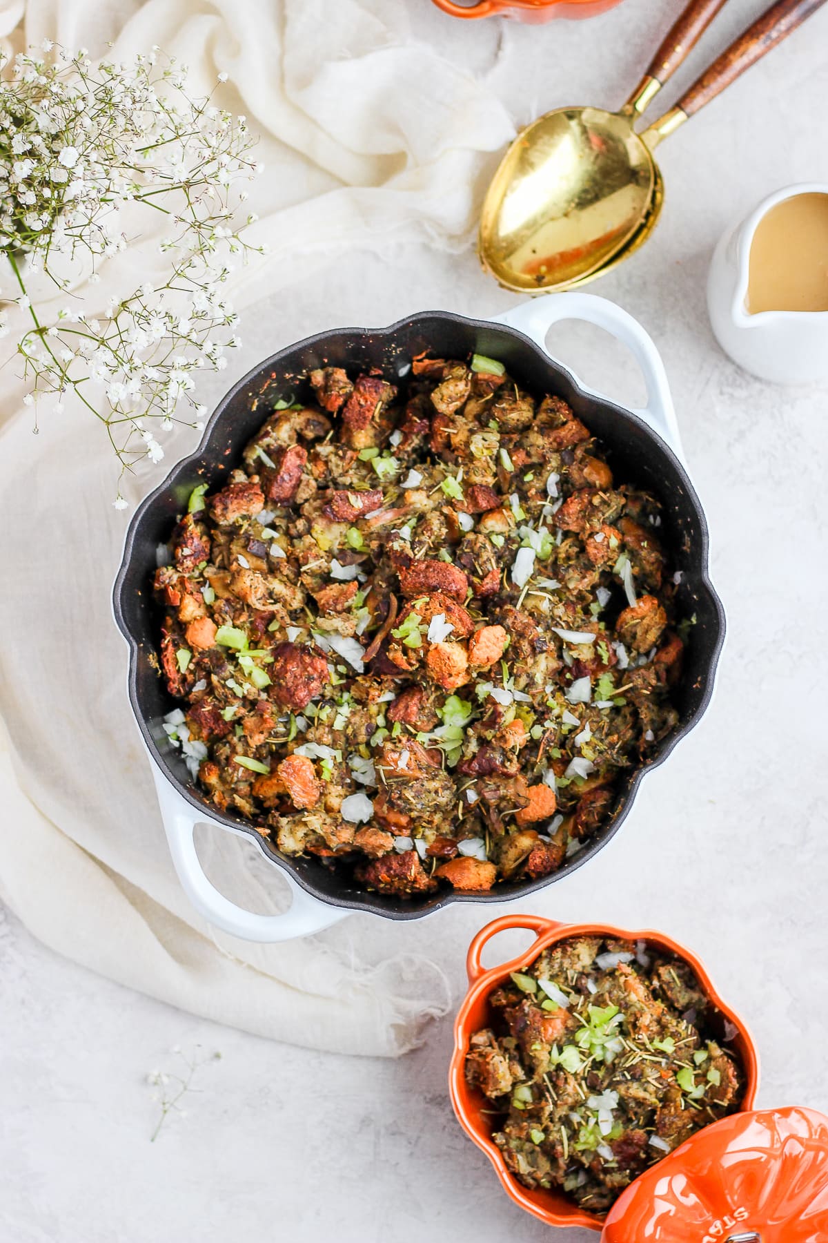 A large bowl of giblet stuffing.