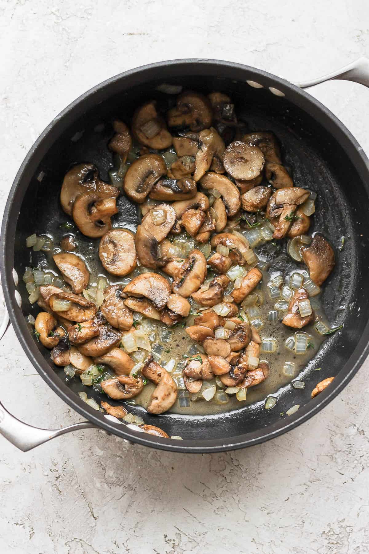 Cooked down mushrooms and onions in a pot.