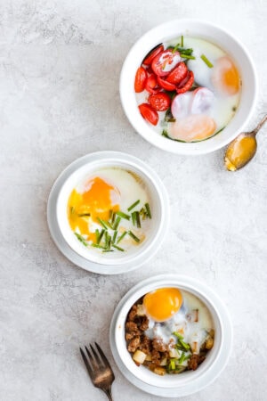 Baked Eggs Three Ways - a simple and delicious breakfast three yummy ways! #dairyfree #bakedeggs #breakfast #healthybreakfast #whole30 #paleo
