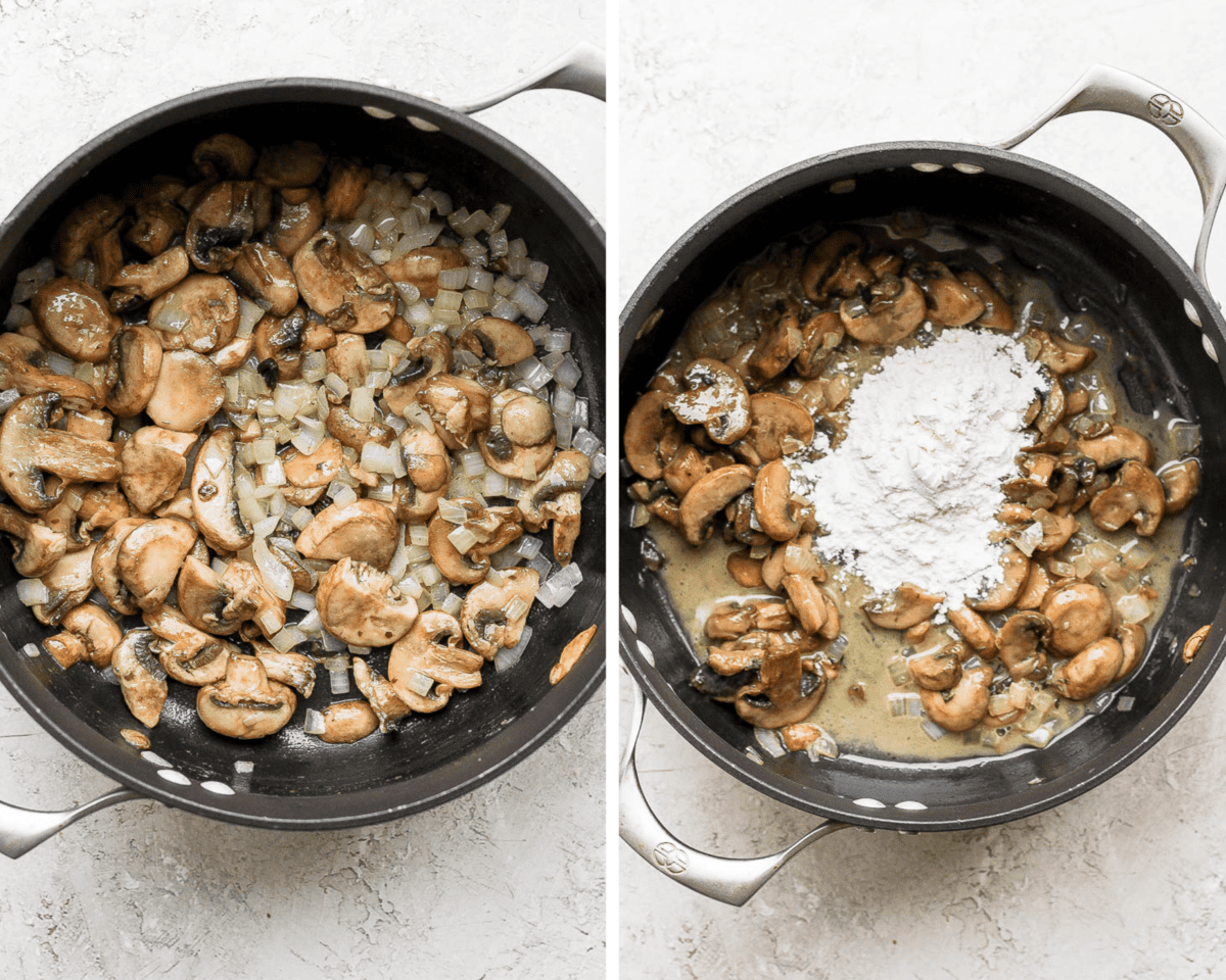 Two photos side be side showing the process of cooking mushrooms for the dairy free cream of mushroom soup.