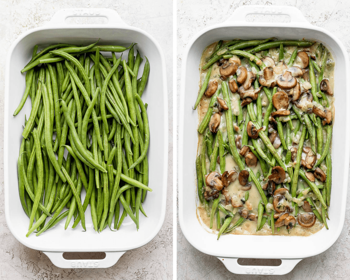Two photos side by side the first with only green beans in a pan and the second with green beans tossed in the cream of mushroom soup.