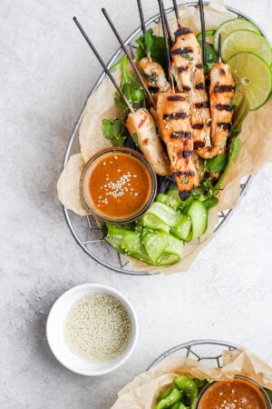Thai Chicken Skewers with Creamy Almond Sauce - a delicious, clean lunch or dinner option! #whole30 #whole30recipes #chicken #easyweeknightdinner #healthyrecipes #healthychickenrecipes #peanutsauce #chickenskewers
