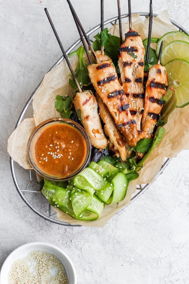 Thai Chicken Skewers with Creamy Almond Sauce - a delicious, clean lunch or dinner option! #whole30 #whole30recipes #chicken #easyweeknightdinner #healthyrecipes #healthychickenrecipes #peanutsauce #chickenskewers